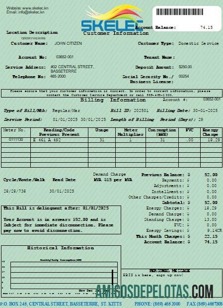 imprimível Modelo editável de conta de serviços públicos da St. Kitts Electricity Company (SKELEC) em formatos PDF e Word